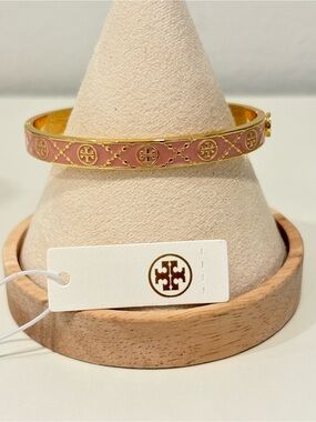 Tory Burch Pink Enamel Gold-Tone Logo Bangle Bracelet